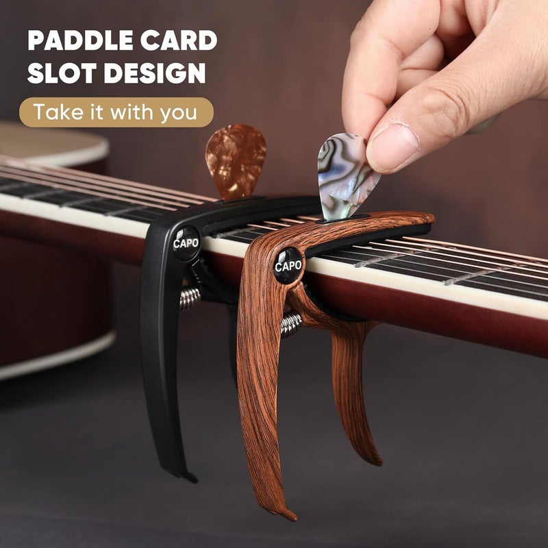 Aarvi Guitar Capo 6-String for Acoustic & Electric Guitars - Universal Clamp with 4 Premium Picks - Compatible with Ukulele, Banjo, Mandolin(Rosewood+Black) - Image 3